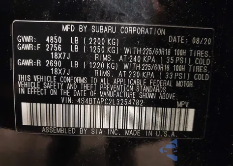 2020 Subaru Outback Touring from USA, damaged, VIN 4S4BTAPC2L3254782